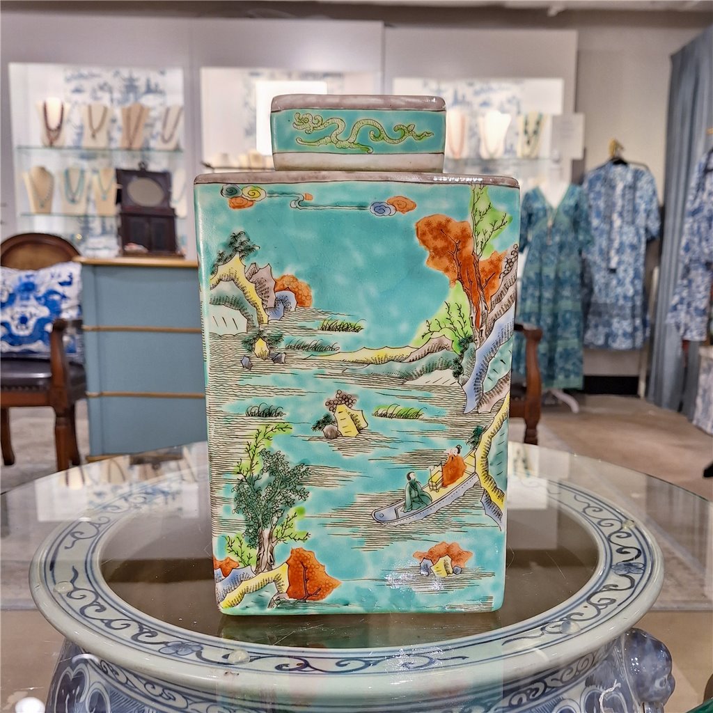 Danny's Fine Porcelain Home Decor Danny's Fine Porcelain Square Lidded Jar Teal Green Scenery 51179