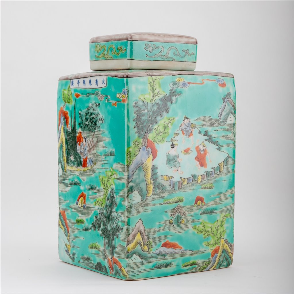 Danny's Fine Porcelain Home Decor Danny's Fine Porcelain Square Lidded Jar Teal Green Scenery 51179