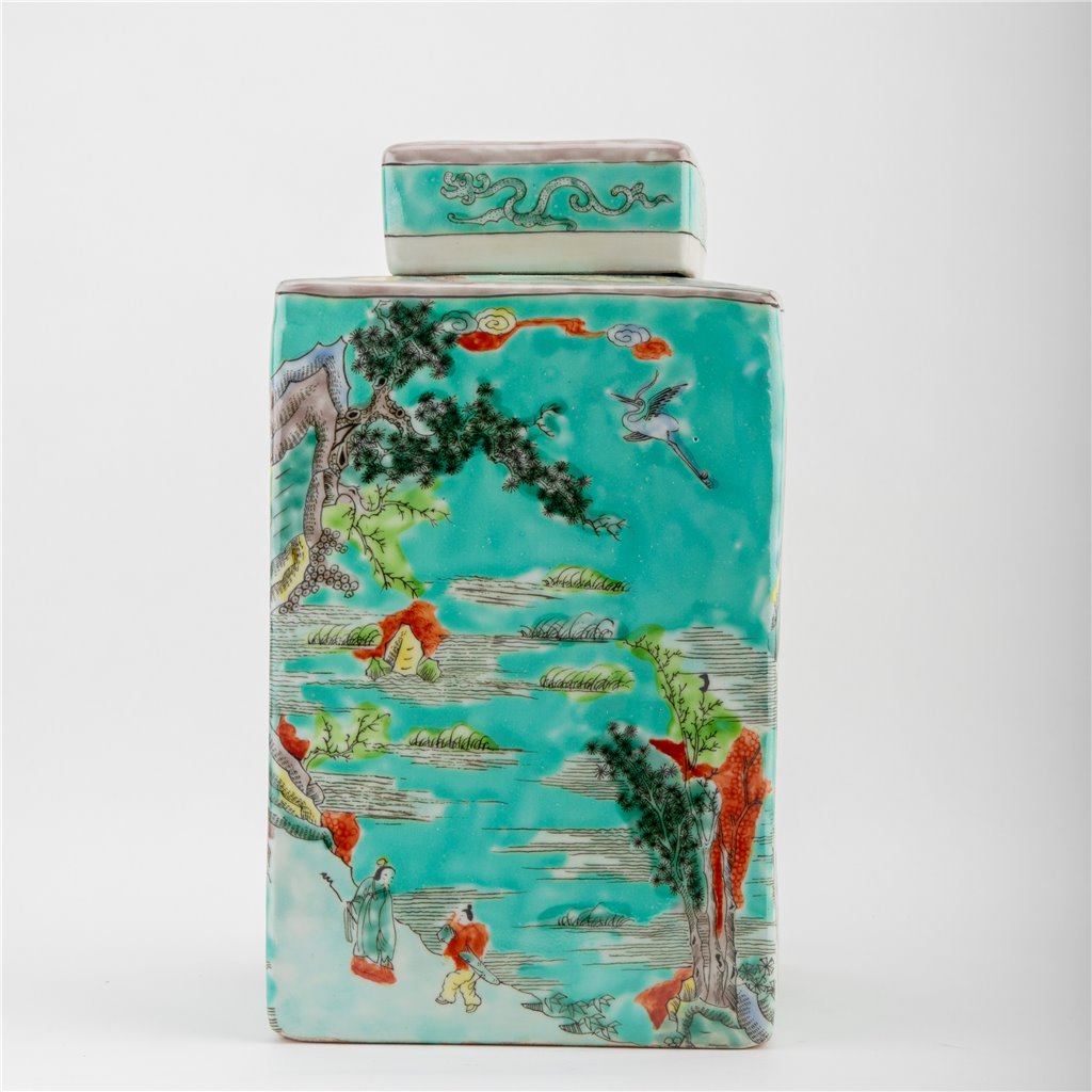 Danny's Fine Porcelain Home Decor Danny's Fine Porcelain Square Lidded Jar Teal Green Scenery 51179