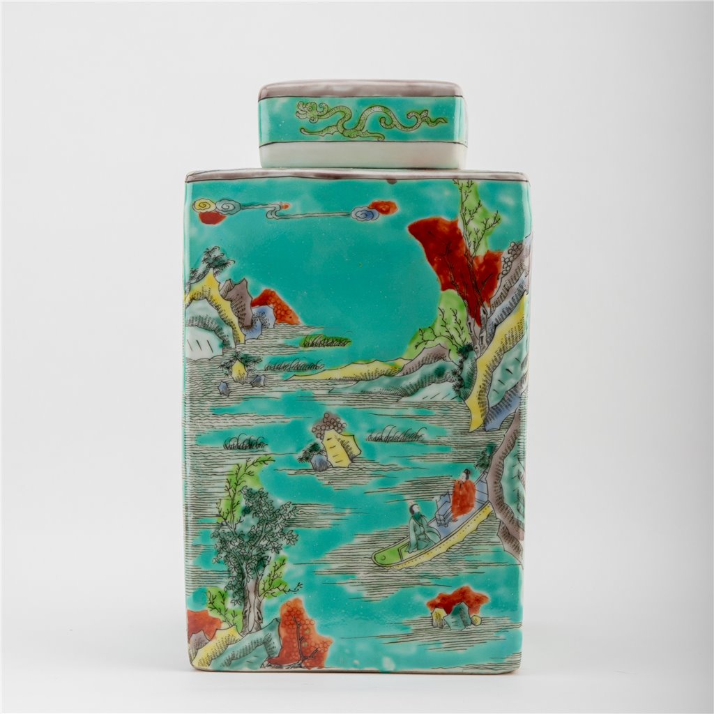 Danny's Fine Porcelain Home Decor Danny's Fine Porcelain Square Lidded Jar Teal Green Scenery 51179
