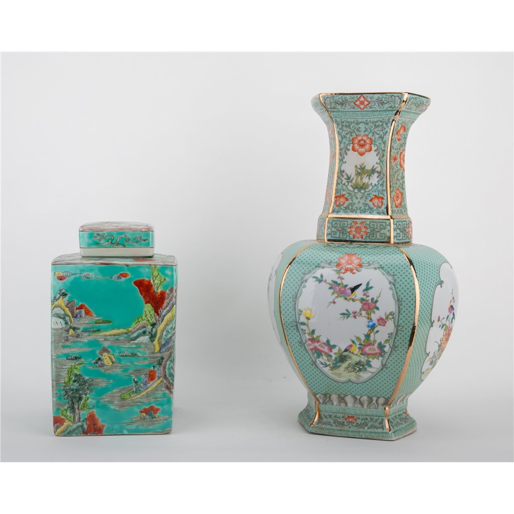 Danny's Fine Porcelain Home Decor Danny's Fine Porcelain Square Lidded Jar Teal Green Scenery 51179