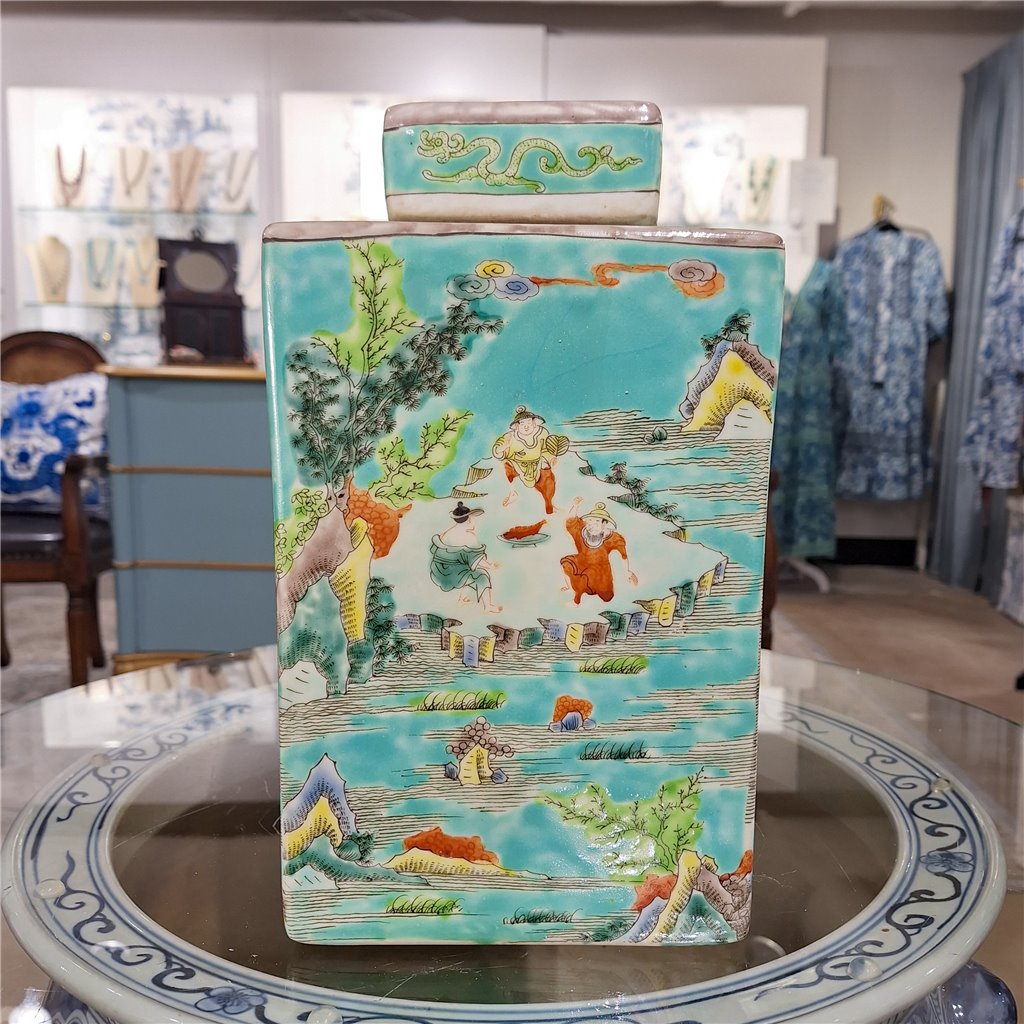 Danny's Fine Porcelain Home Decor Danny's Fine Porcelain Square Lidded Jar Teal Green Scenery 51179