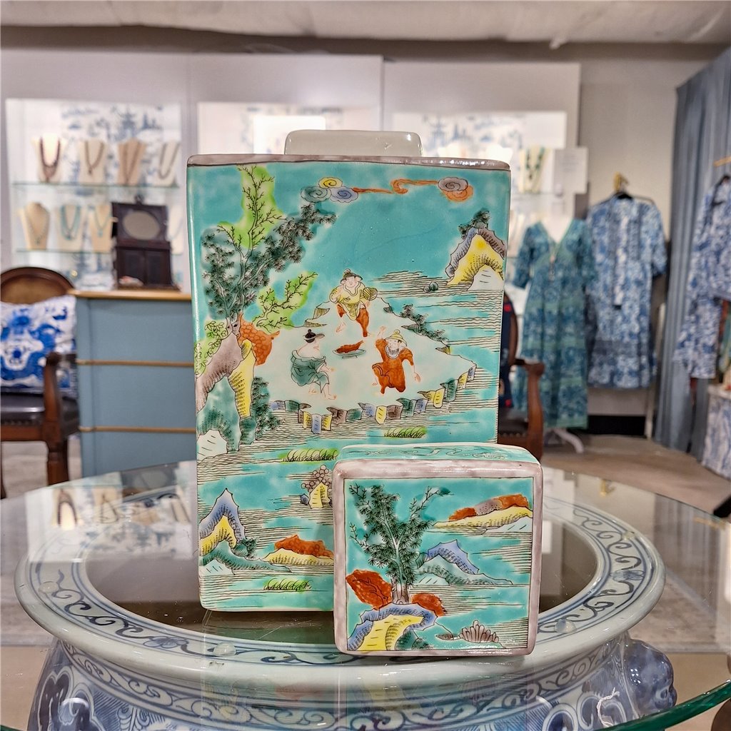 Danny's Fine Porcelain Home Decor Danny's Fine Porcelain Square Lidded Jar Teal Green Scenery 51179