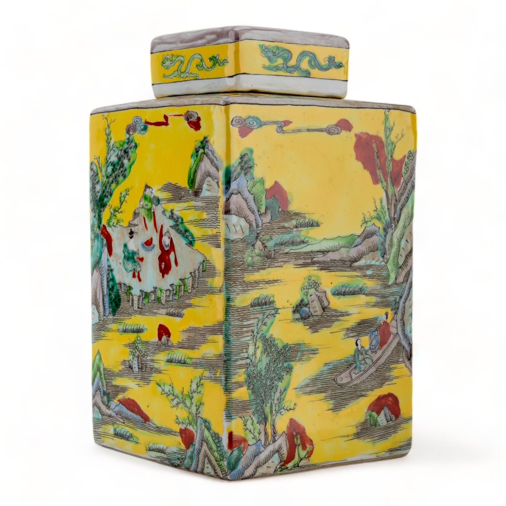 Danny's Fine Porcelain Home Decor Danny's Fine Porcelain Square Lidded Jar Yellow Children Playing 51178