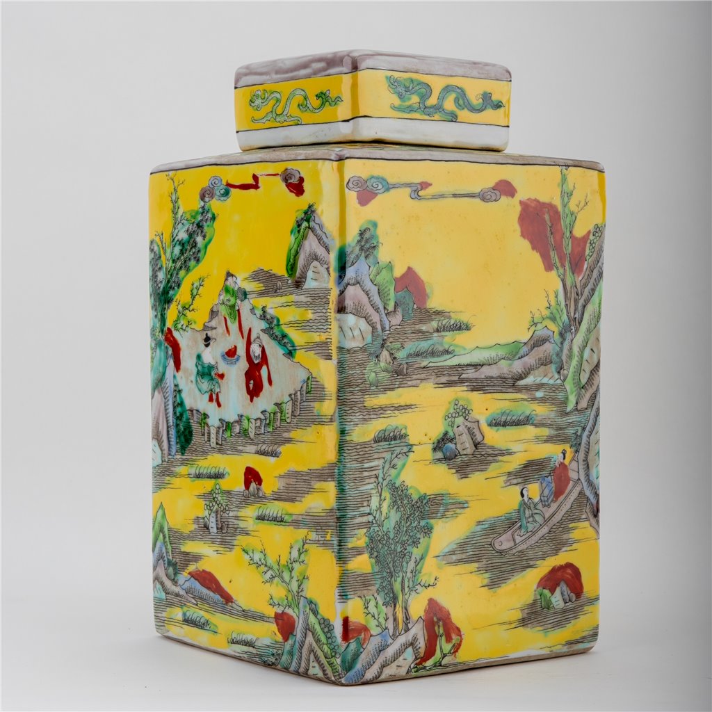 Danny's Fine Porcelain Home Decor Danny's Fine Porcelain Square Lidded Jar Yellow Children Playing 51178