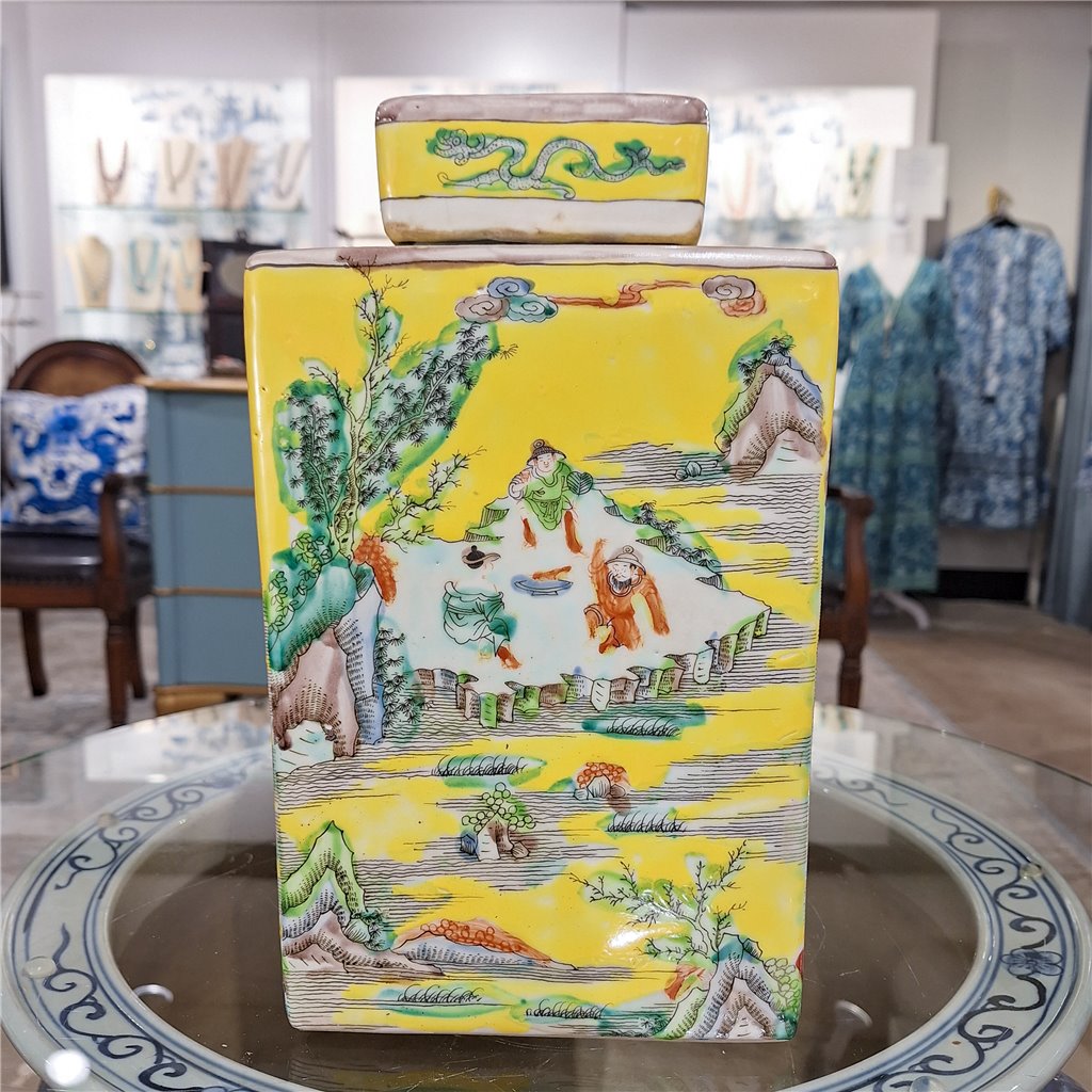 Danny's Fine Porcelain Home Decor Danny's Fine Porcelain Square Lidded Jar Yellow Children Playing 51178