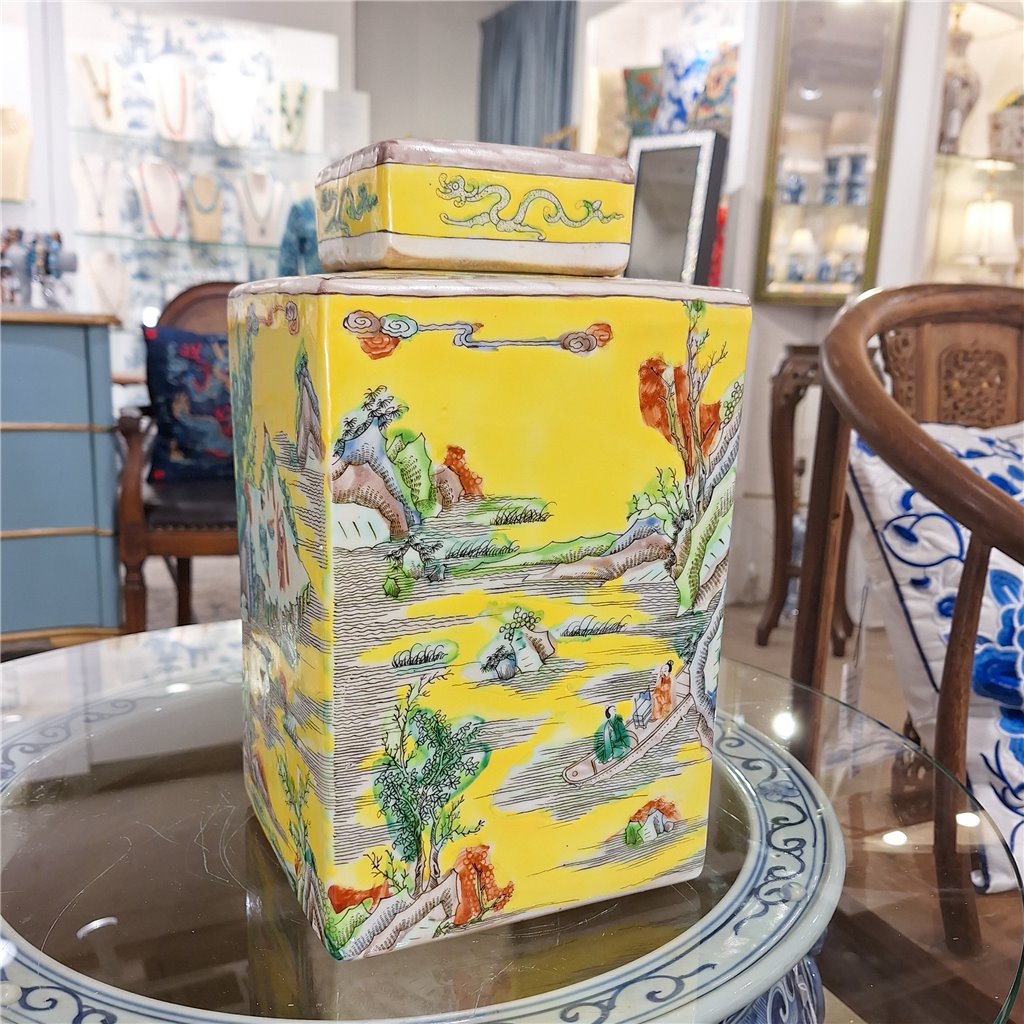 Danny's Fine Porcelain Home Decor Danny's Fine Porcelain Square Lidded Jar Yellow Children Playing 51178