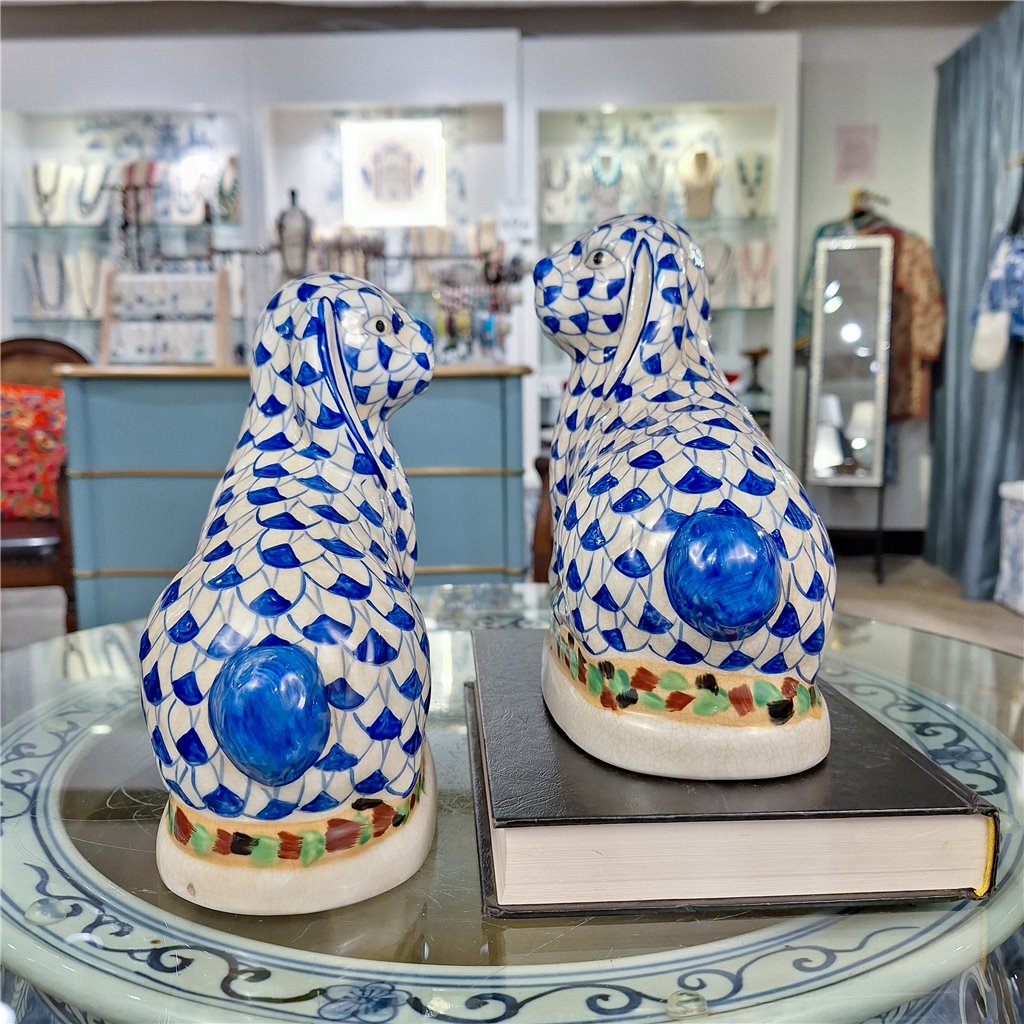 Danny's Fine Porcelain Home Decor Danny's Fine Porcelain Staffordshire Bunny Hares – Blue Fishnet (Pair)