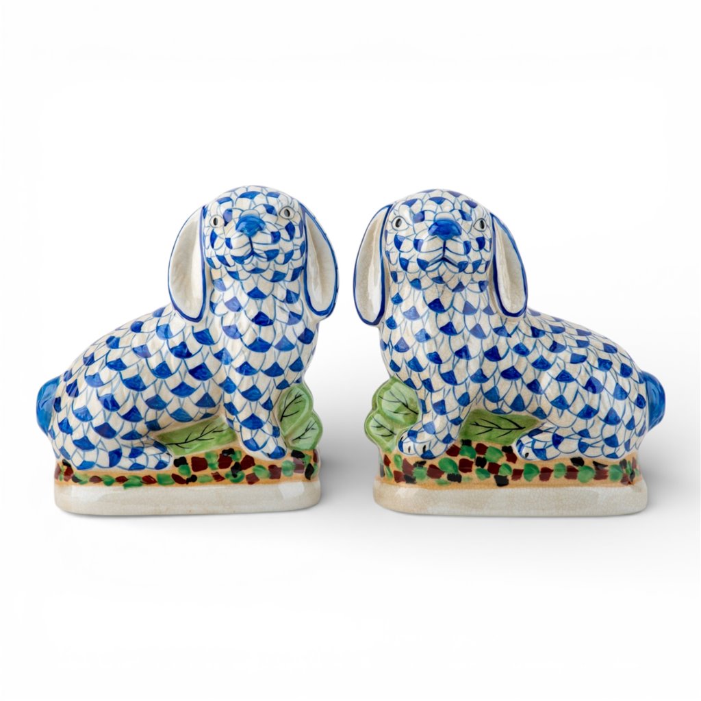 Danny's Fine Porcelain Home Decor Danny's Fine Porcelain Staffordshire Bunny Hares – Blue Fishnet (Pair)