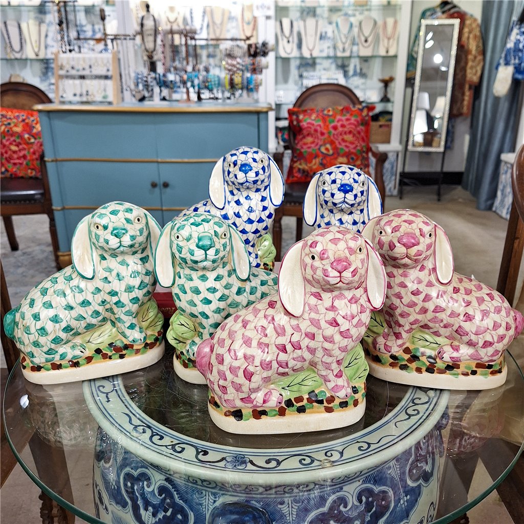 Danny's Fine Porcelain Home Decor Danny's Fine Porcelain Staffordshire Bunny Hares – Teal Fishnet (Pair)