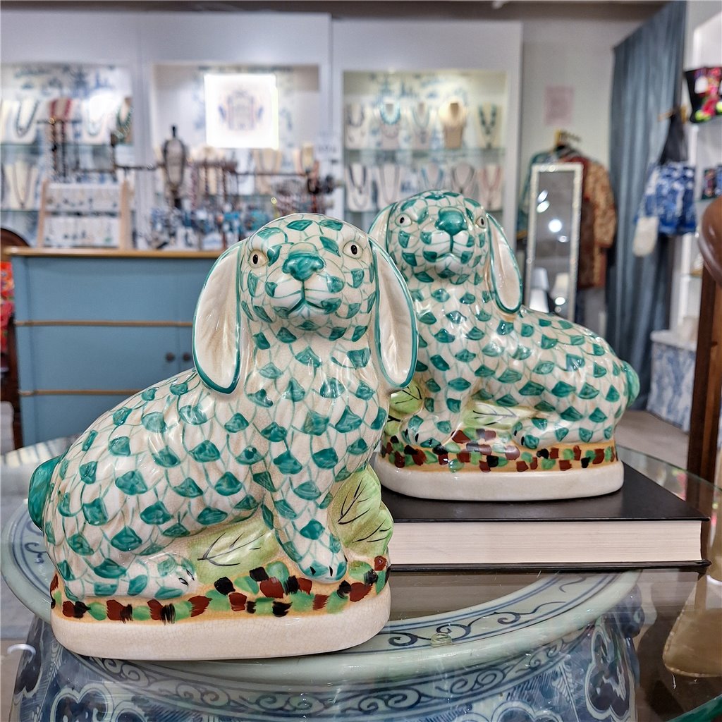 Danny's Fine Porcelain Home Decor Danny's Fine Porcelain Staffordshire Bunny Hares – Teal Fishnet (Pair)