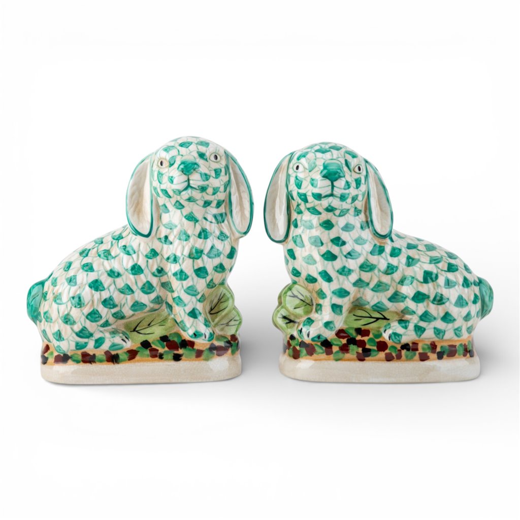Danny's Fine Porcelain Home Decor Danny's Fine Porcelain Staffordshire Bunny Hares – Teal Fishnet (Pair)