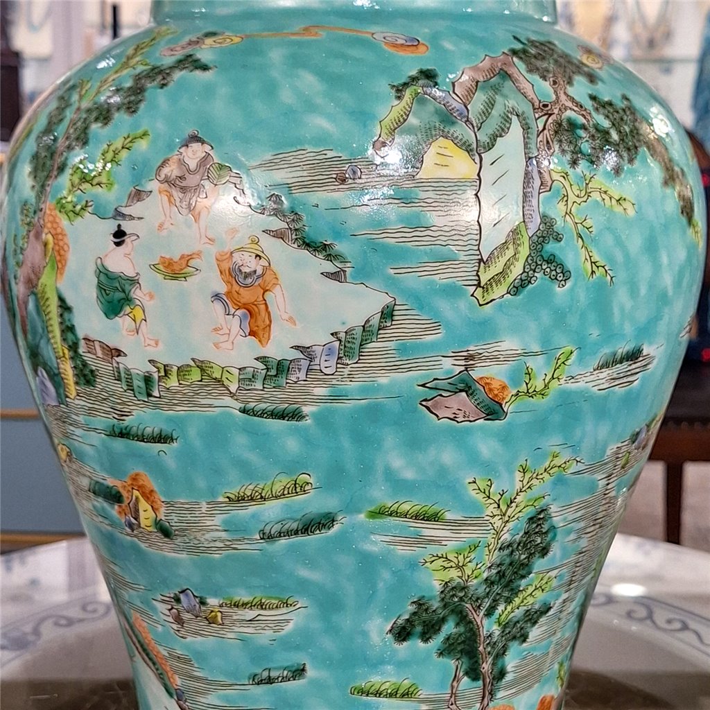 Danny's Fine Porcelain Home Decor Danny's Fine Porcelain Temple Jar Teal Green Scenery