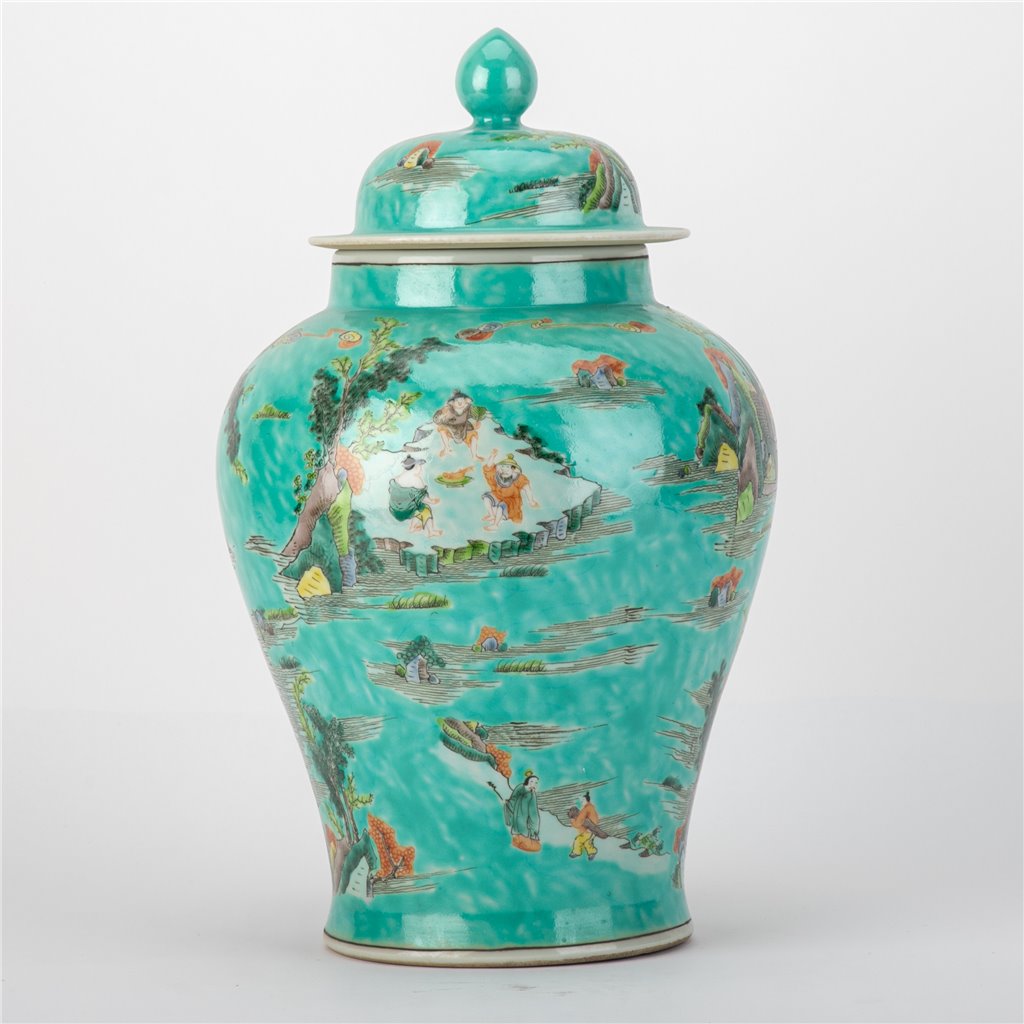 Danny's Fine Porcelain Home Decor Danny's Fine Porcelain Temple Jar Teal Green Scenery