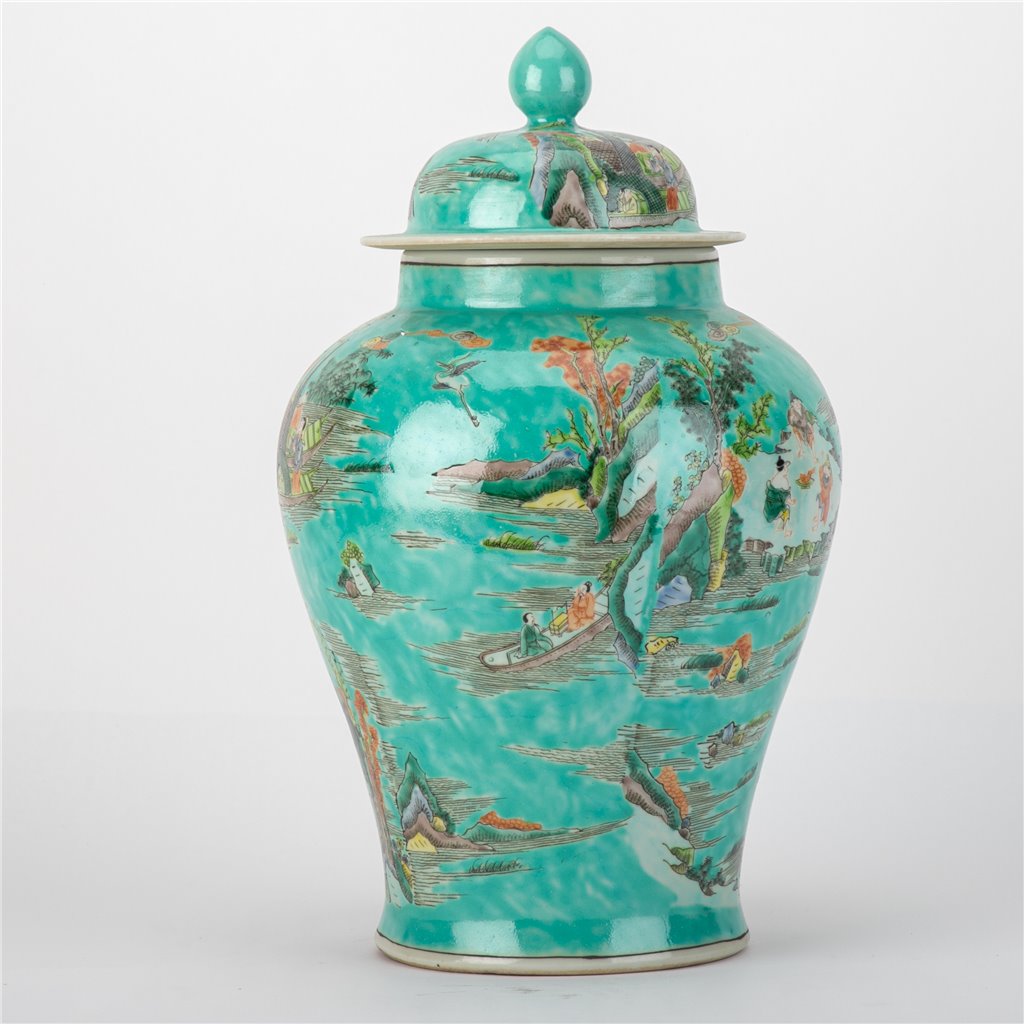 Danny's Fine Porcelain Home Decor Danny's Fine Porcelain Temple Jar Teal Green Scenery