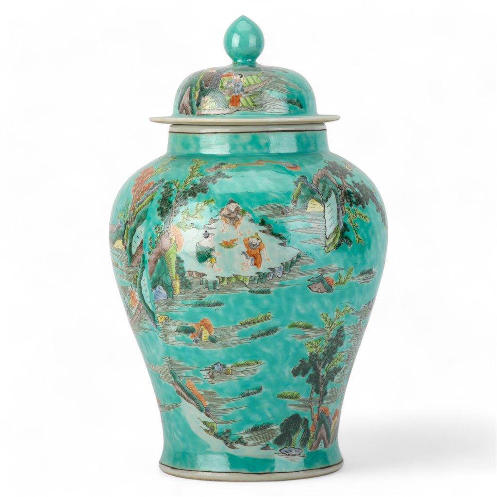 Danny's Fine Porcelain Home Decor Danny's Fine Porcelain Temple Jar Teal Green Scenery