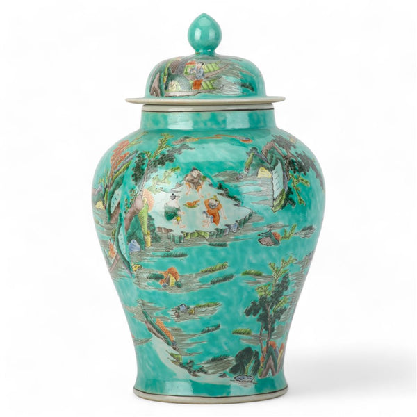 Danny's Fine Porcelain Home Decor Danny's Fine Porcelain Temple Jar Teal Green Scenery