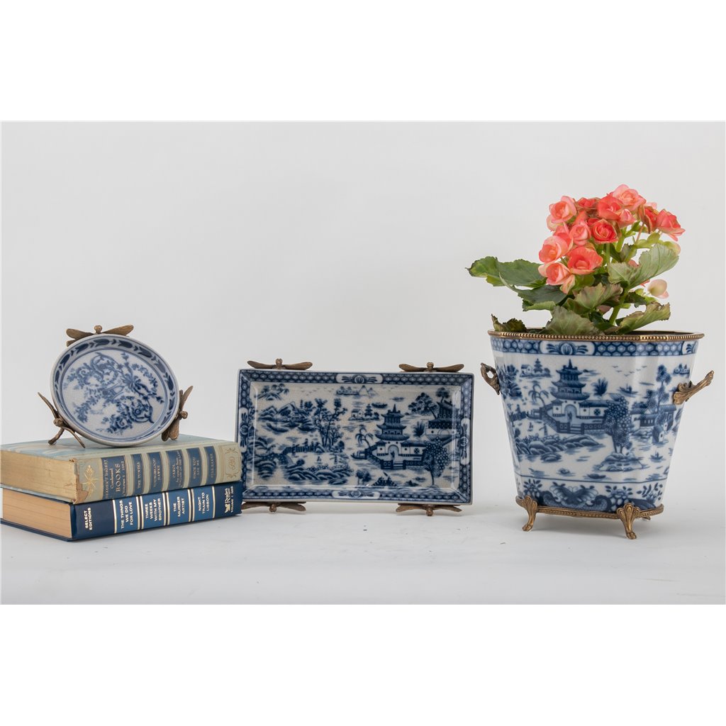 Danny's Fine Porcelain Home Decor Danny's Fine Porcelain Tray with Bronze Dragonfly-Blue Willow