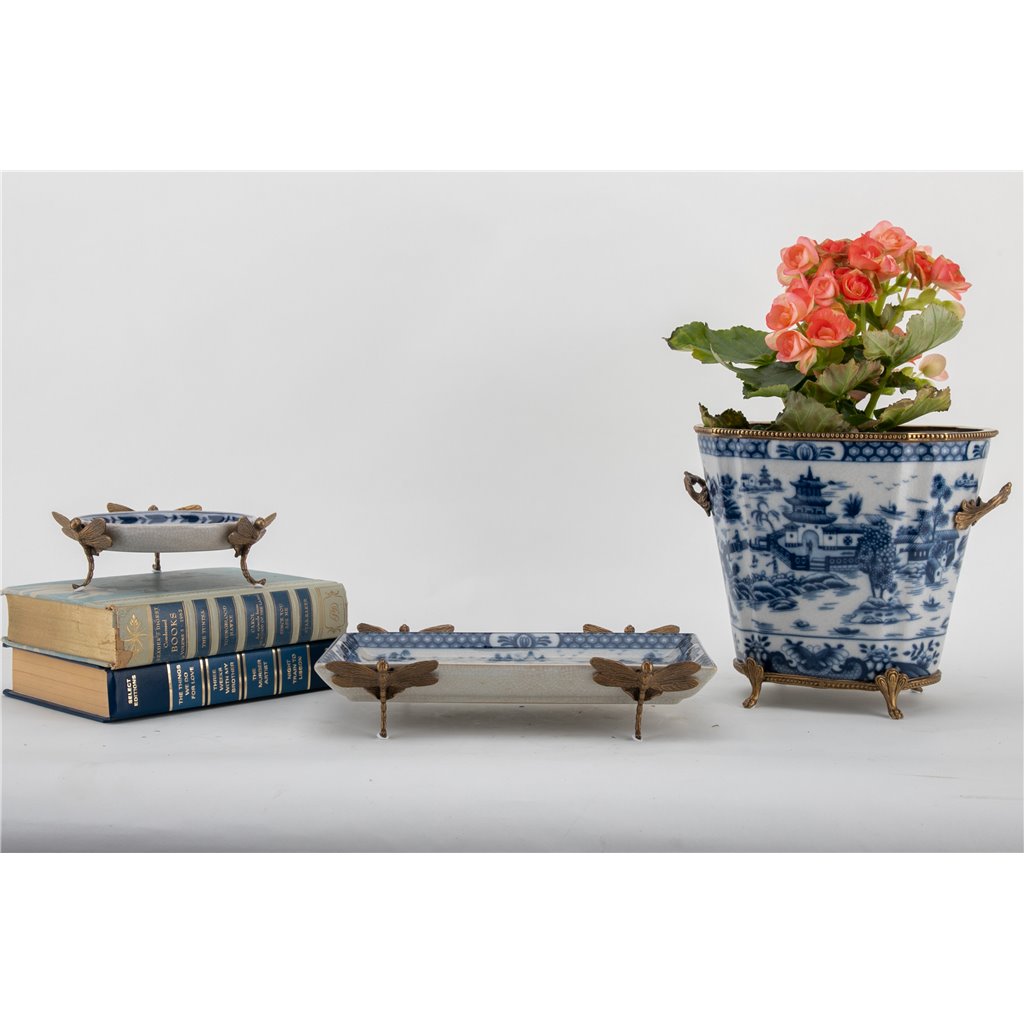 Danny's Fine Porcelain Home Decor Danny's Fine Porcelain Tray with Bronze Dragonfly-Blue Willow