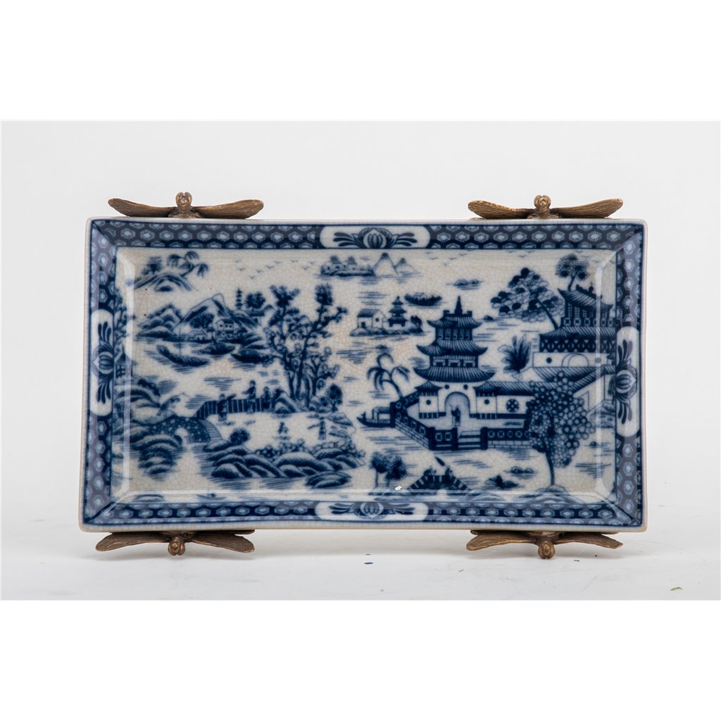 Danny's Fine Porcelain Home Decor Danny's Fine Porcelain Tray with Bronze Dragonfly-Blue Willow