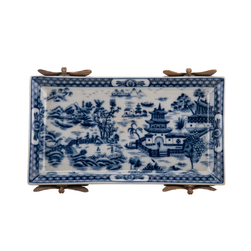 Danny's Fine Porcelain Home Decor Danny's Fine Porcelain Tray with Bronze Dragonfly-Blue Willow