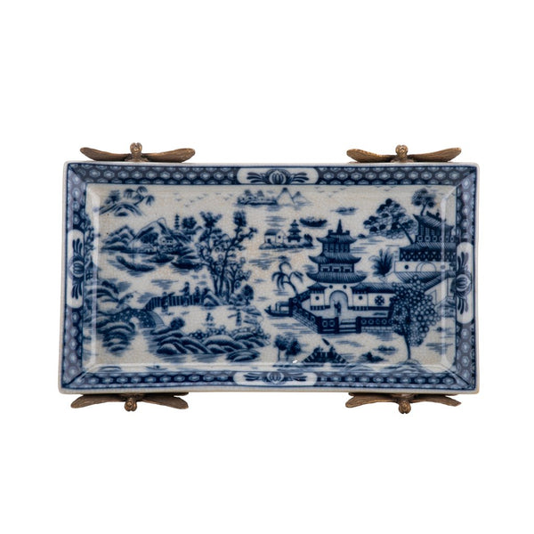 Danny's Fine Porcelain Home Decor Danny's Fine Porcelain Tray with Bronze Dragonfly-Blue Willow