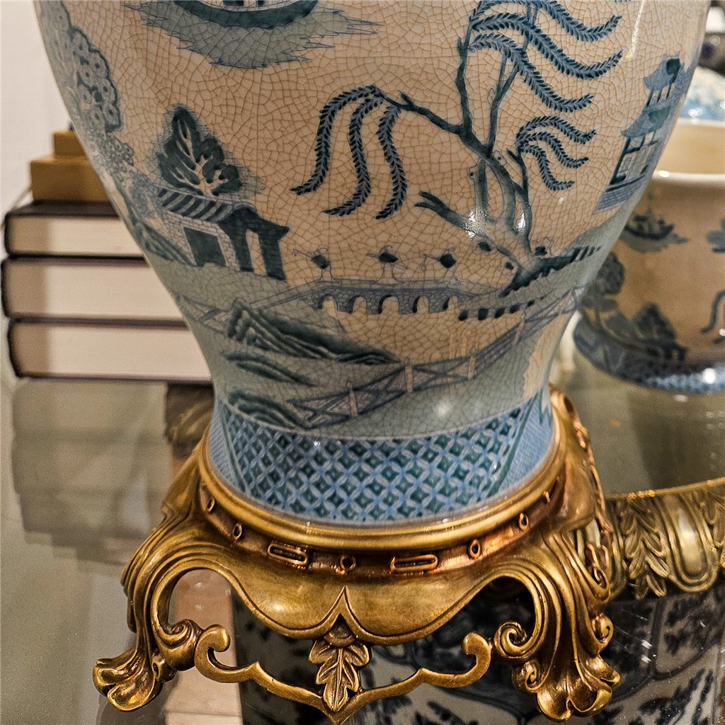 Danny's Fine Porcelain Home Decor Danny's Fine Porcelain Turquoise and White Willow Pattern Bronze Ormolu Temple Jar