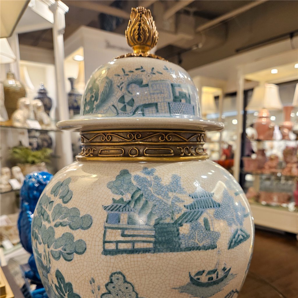 Danny's Fine Porcelain Home Decor Danny's Fine Porcelain Turquoise and White Willow Pattern Bronze Ormolu Temple Jar