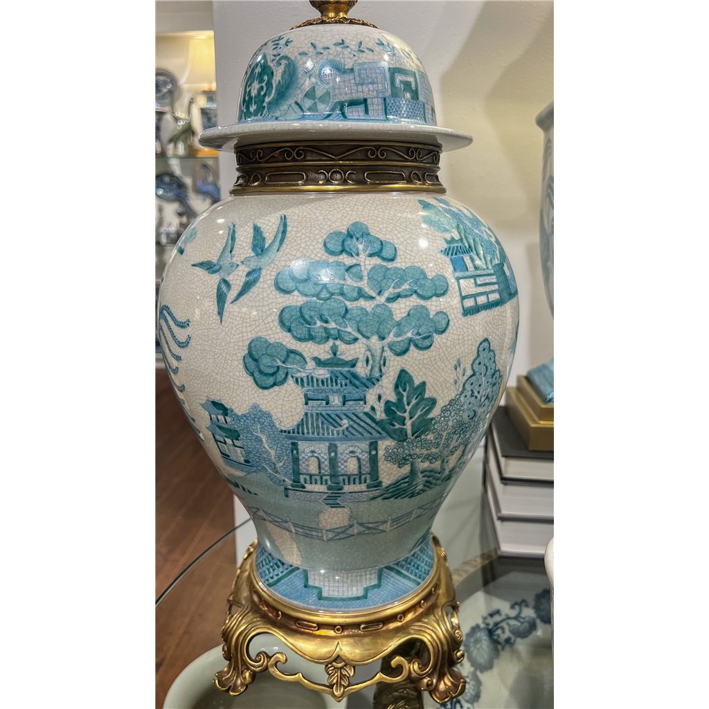 Danny's Fine Porcelain Home Decor Danny's Fine Porcelain Turquoise and White Willow Pattern Bronze Ormolu Temple Jar