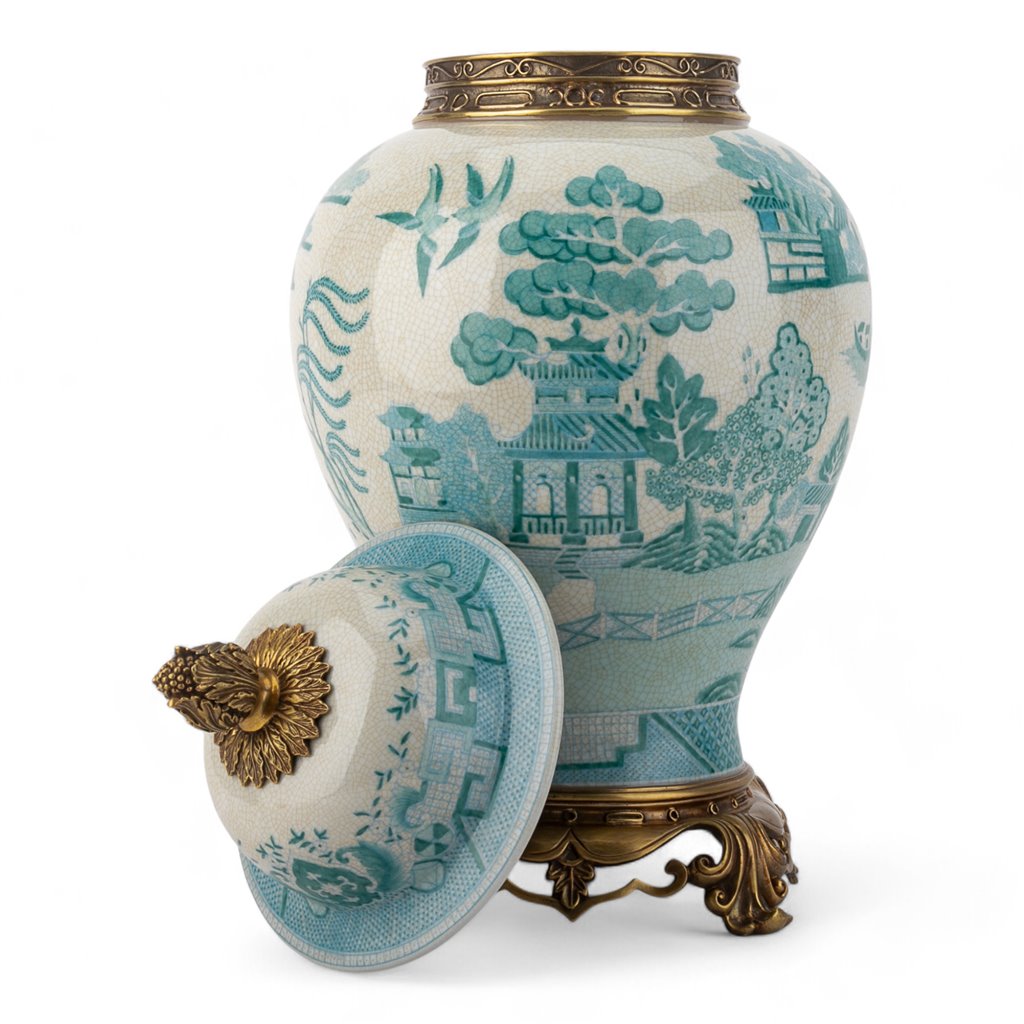 Danny's Fine Porcelain Home Decor Danny's Fine Porcelain Turquoise and White Willow Pattern Bronze Ormolu Temple Jar