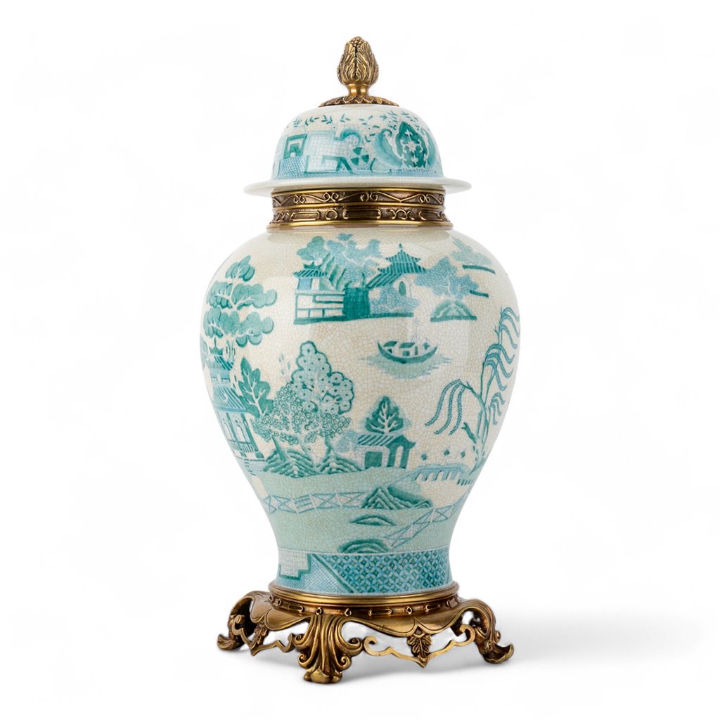 Danny's Fine Porcelain Home Decor Danny's Fine Porcelain Turquoise and White Willow Pattern Bronze Ormolu Temple Jar