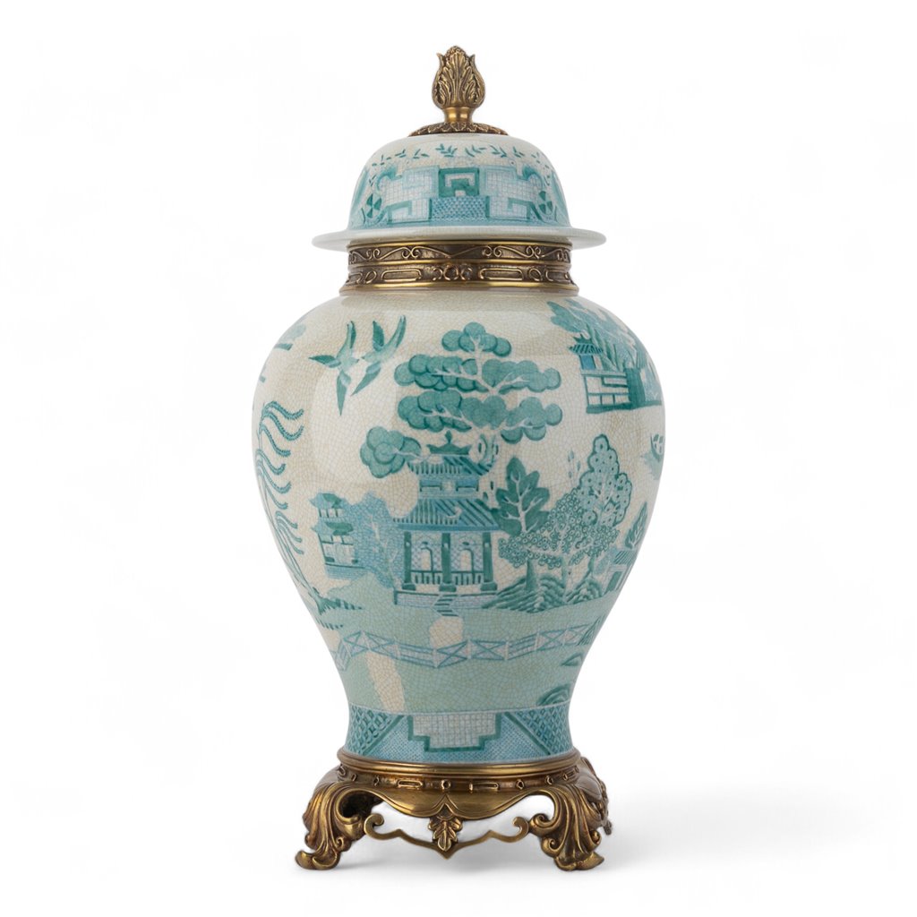 Danny's Fine Porcelain Home Decor Danny's Fine Porcelain Turquoise and White Willow Pattern Bronze Ormolu Temple Jar