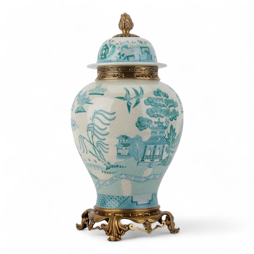 Danny's Fine Porcelain Home Decor Danny's Fine Porcelain Turquoise and White Willow Pattern Bronze Ormolu Temple Jar