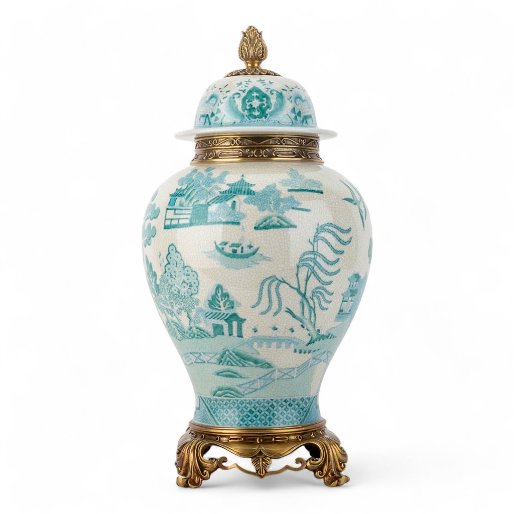 Danny's Fine Porcelain Home Decor Danny's Fine Porcelain Turquoise and White Willow Pattern Bronze Ormolu Temple Jar