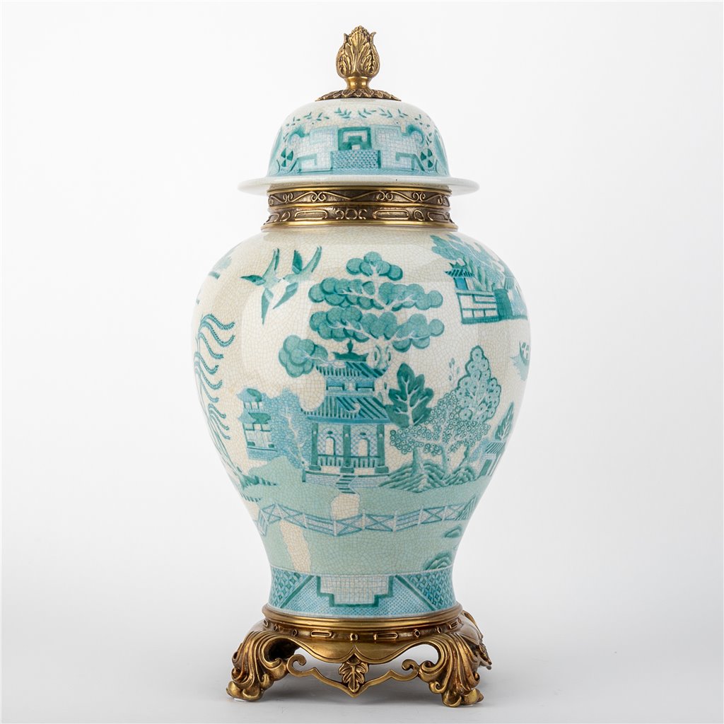 Danny's Fine Porcelain Home Decor Danny's Fine Porcelain Turquoise and White Willow Pattern Bronze Ormolu Temple Jar