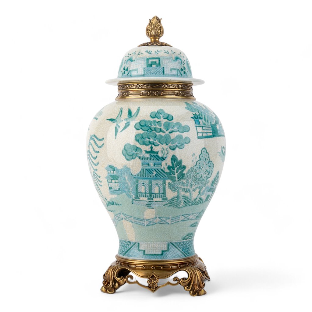 Danny's Fine Porcelain Home Decor Danny's Fine Porcelain Turquoise and White Willow Pattern Bronze Ormolu Temple Jar