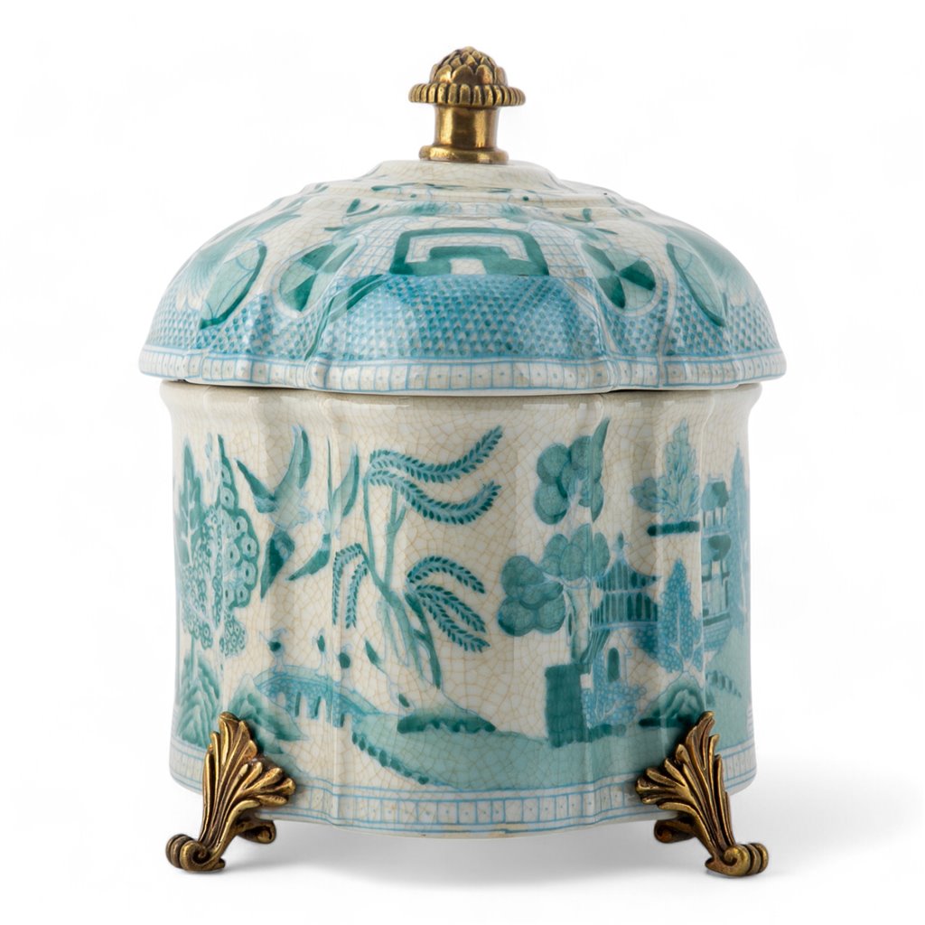 Danny's Fine Porcelain Home Decor Danny's Fine Porcelain Turquoise and White Willow Pattern Oval Shape Lidded Box