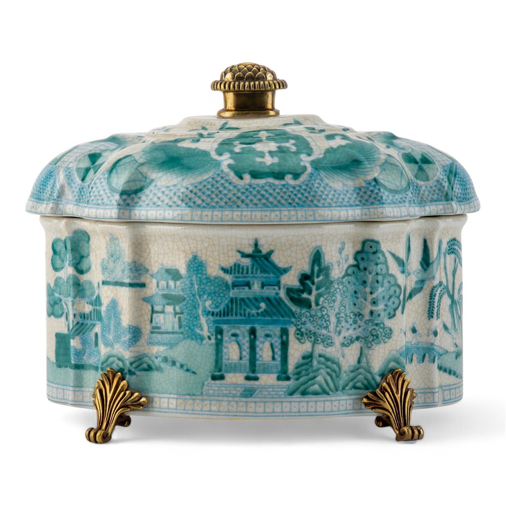 Danny's Fine Porcelain Home Decor Danny's Fine Porcelain Turquoise and White Willow Pattern Oval Shape Lidded Box