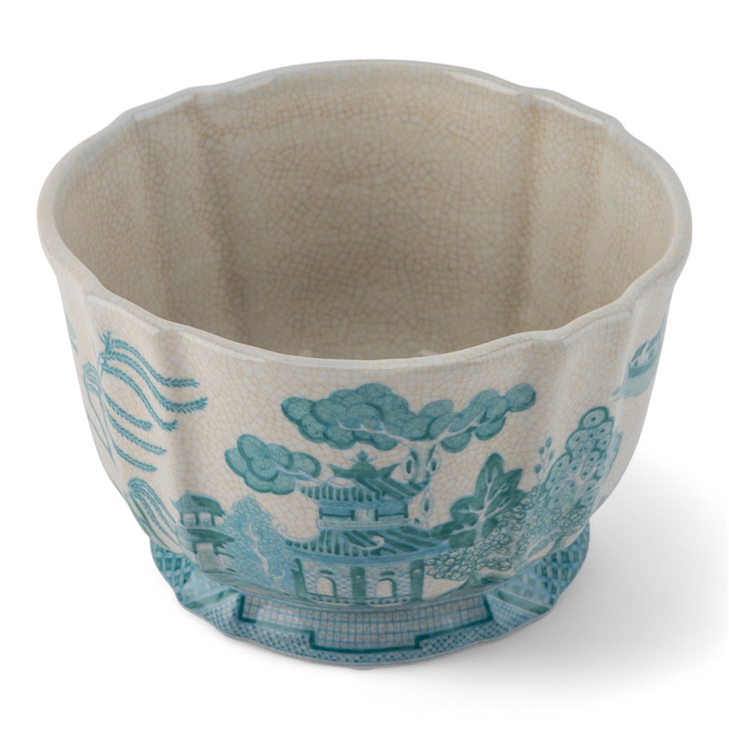 Danny's Fine Porcelain Home Decor Danny's Fine Porcelain Turquoise and White Willow Pattern Round Scallop Planter