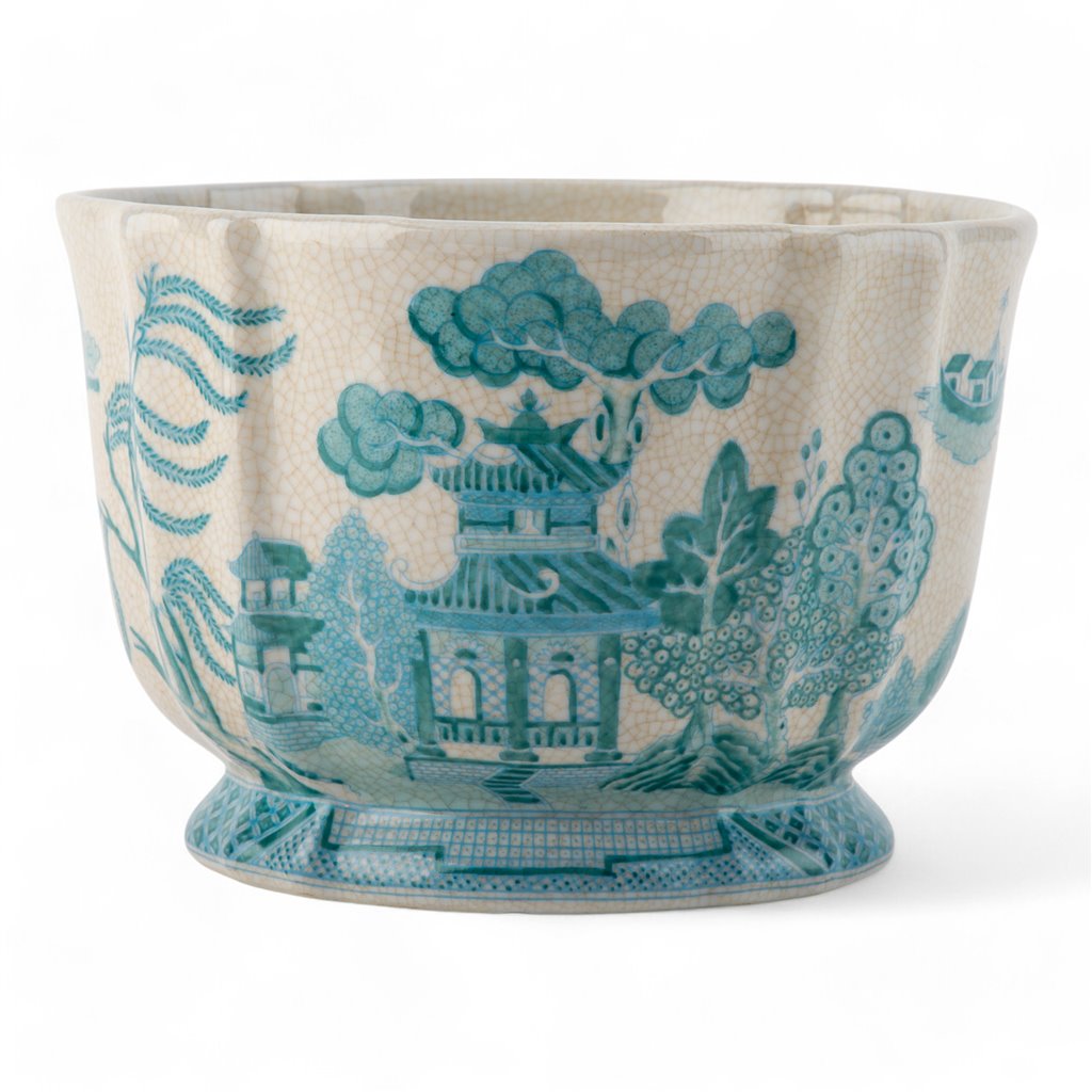 Danny's Fine Porcelain Home Decor Danny's Fine Porcelain Turquoise and White Willow Pattern Round Scallop Planter