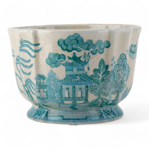 Danny's Fine Porcelain Home Decor Danny's Fine Porcelain Turquoise and White Willow Pattern Round Scallop Planter