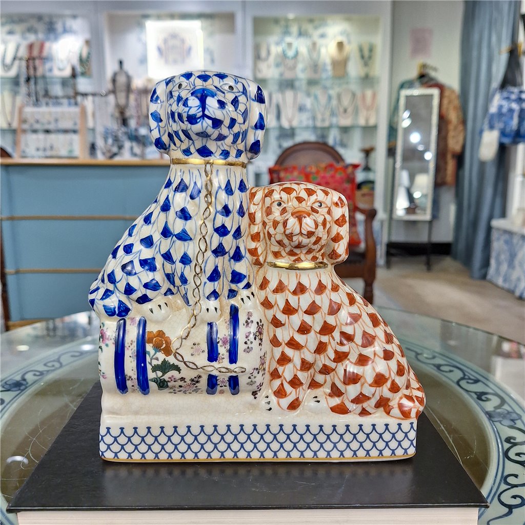 Danny's Fine Porcelain Home Decor Danny's Fine Porcelain Twin Spaniel Dogs with Drum – Blue & Red Fishnet