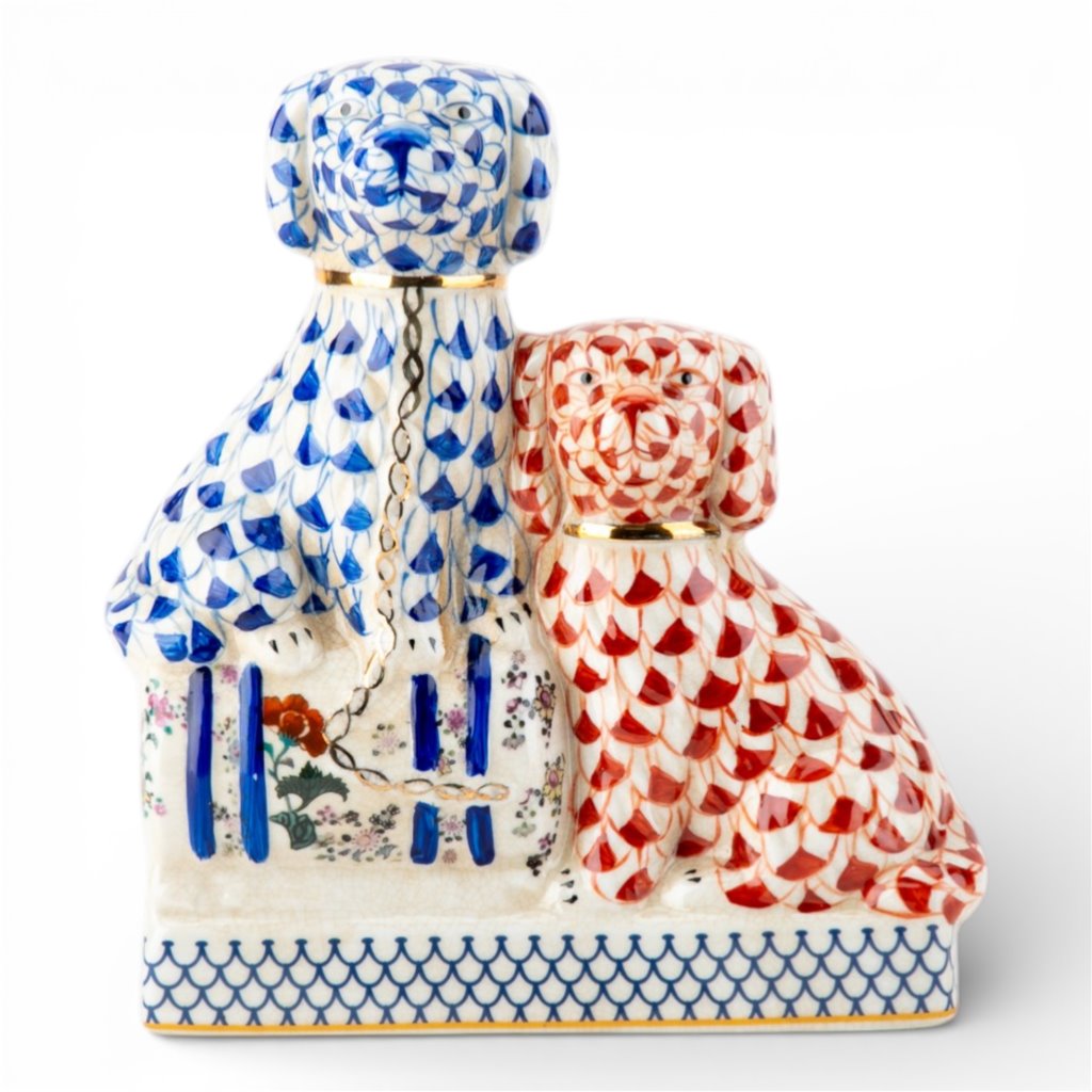 Danny's Fine Porcelain Home Decor Danny's Fine Porcelain Twin Spaniel Dogs with Drum – Blue & Red Fishnet