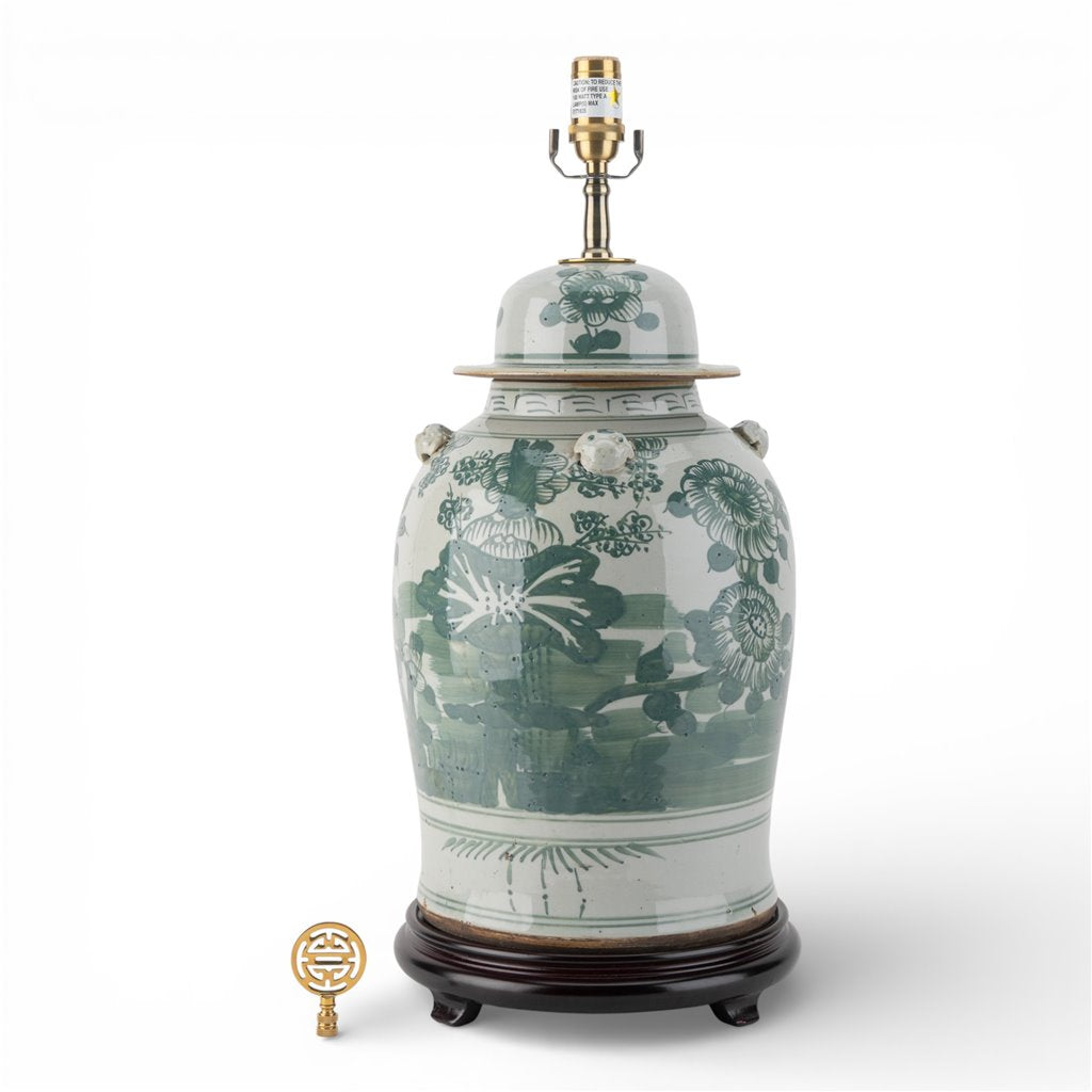 Danny's Fine Porcelain Home Decor Danny's Fine Porcelain Warrior Jar Lamp-Green Flower Birds[2-830-19]