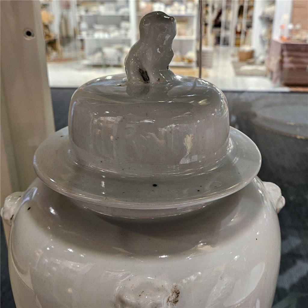 Danny's Fine Porcelain Home Decor Danny's Fine Porcelain White Antique Finish Foo Dogs Temple Jar