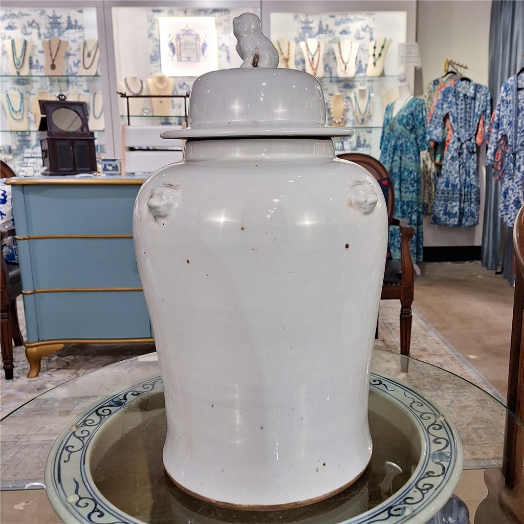 Danny's Fine Porcelain Home Decor Danny's Fine Porcelain White Antique Finish Foo Dogs Temple Jar