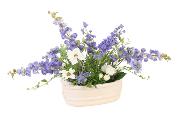 Distinctive Designs Home Decor Blue And White Delphinium And Garden Flowers In Lion Head Planter