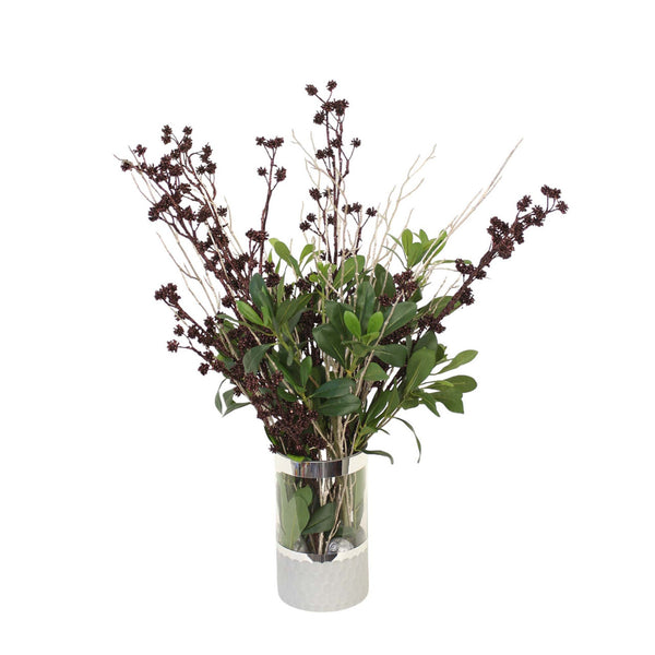 Distinctive Designs Home Decor Brown Glittered Crown Stems Mixed With Greenery In Glass Vase