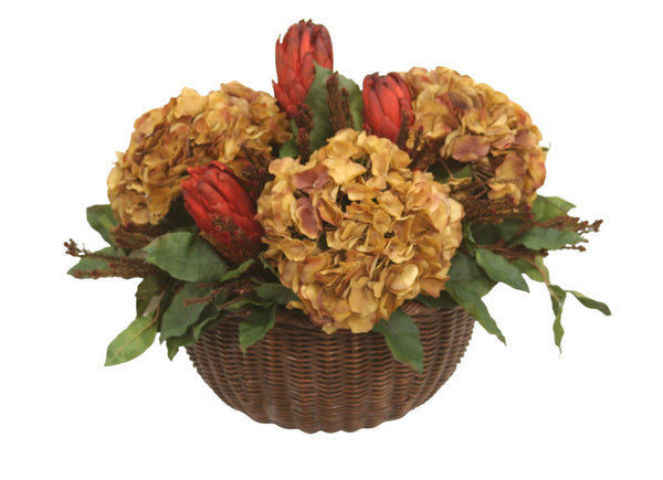 Distinctive Designs Home Decor Burgundy Brown Hydrangeas And Foliage Mix In Wicker Wall Basket