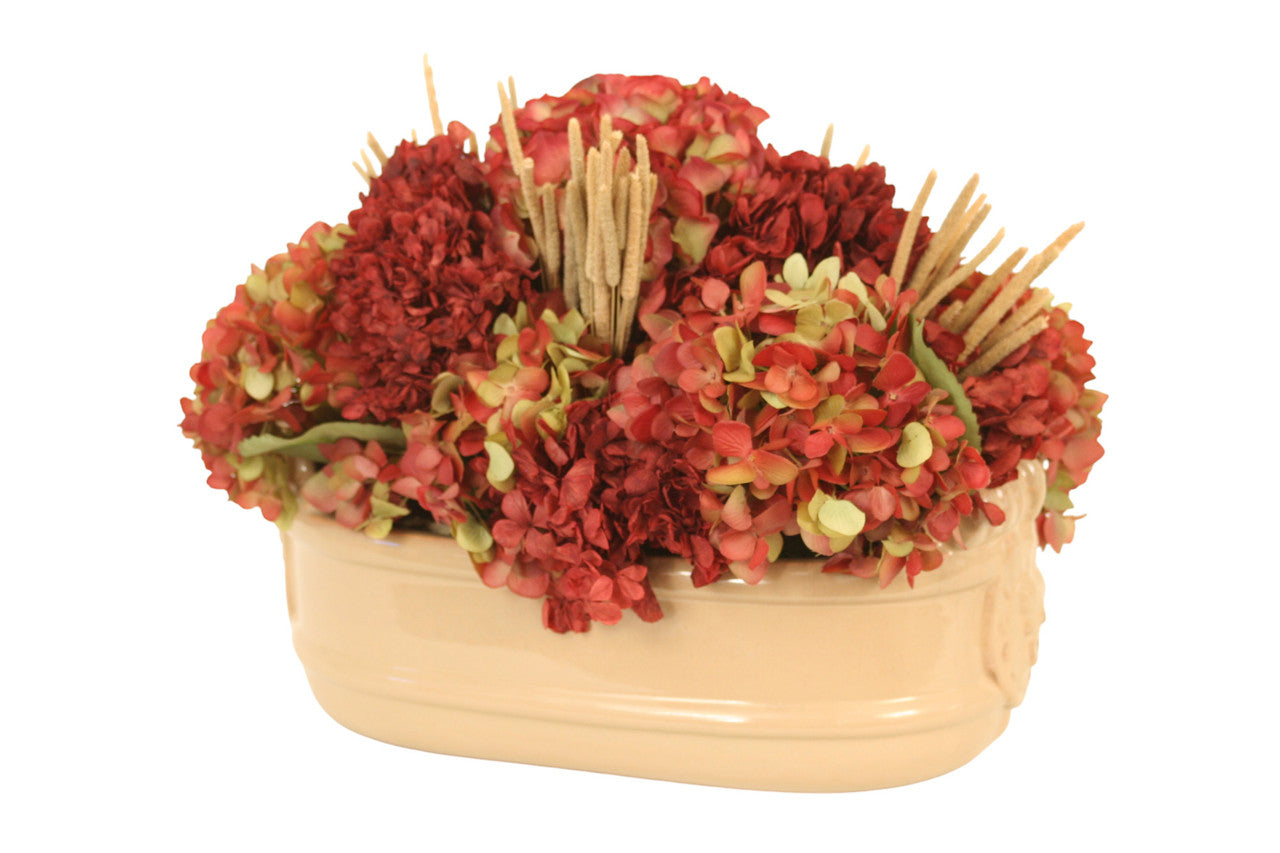 Distinctive Designs Home Decor Burgundy Green Hydrangeas Mixed With Dried Millet And Foliage In Beige Planter